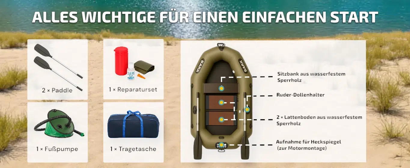 Lieferumfang für BARK Schlauchboot – 2 Paddel, Fußpumpe, Reparaturset, Tragetasche, Lattenboden, Sitzbank und Motorhalterung