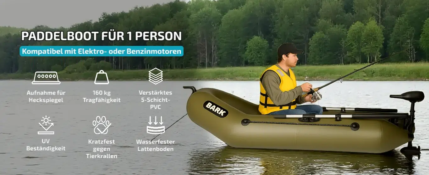 Schlauchboot für 1 Person mit Motorhalterung, verstärktem PVC, Lattenboden und 160 kg Tragfähigkeit – ideal zum Angeln und kompatibel mit Elektro- oder Benzinmotoren.