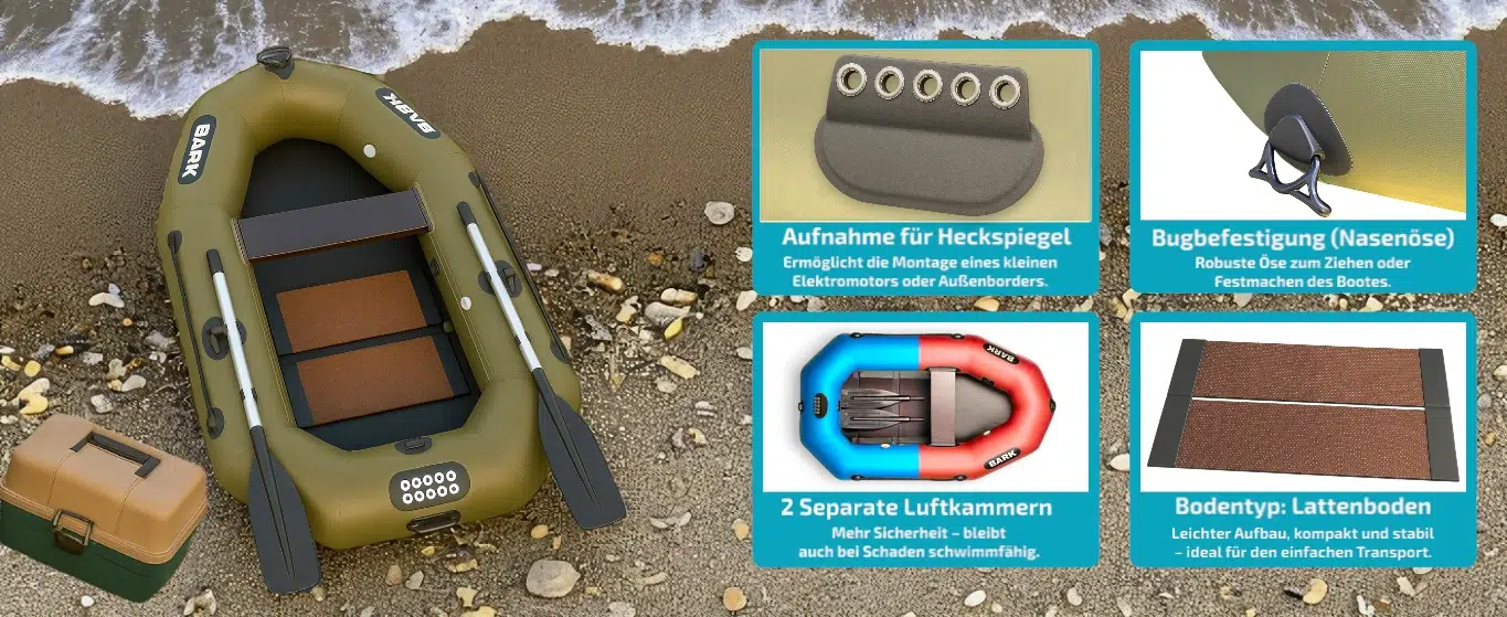 Schlauchboot BARK 190x100 für 1 Person mit Lattenboden, Motorhalterung, 2 Luftkammern, Bugöse – Angelboot aufblasbar, kompakt und stabil