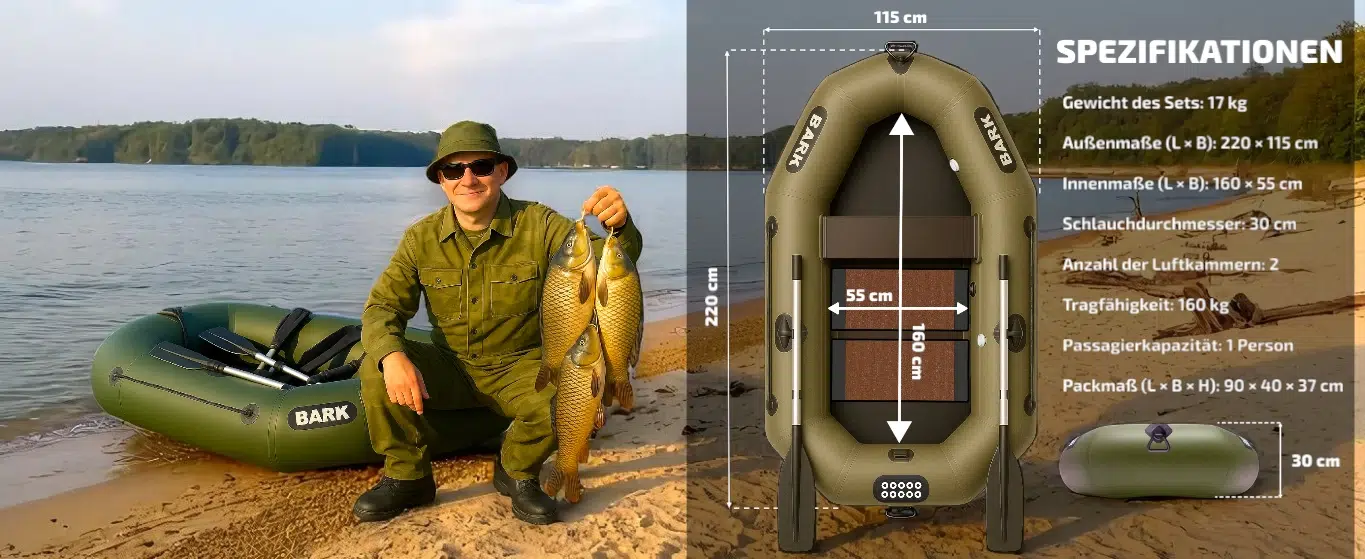 BARK Schlauchboot 190x100 für 1 Person mit Tragfähigkeit 160 kg, Spezifikationen, Angler am Strand – Angelboot aufblasbar mit Lattenboden